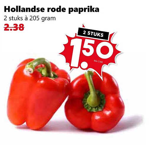 Hollandse rode paprika 2 stuks à 205 gram