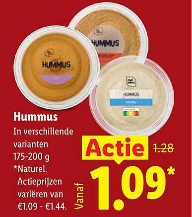 Hummus In verschillende varianten 175-200 g *Naturel. Actieprijzen variëren van €1.09 - €1.44. Vanaf