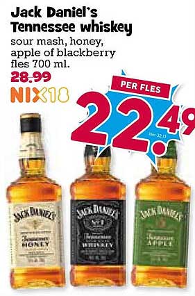 Jack Daniel’s Tennessee Whiskey sour mash, honey, apple of blackberry fles 700 ml. NIX18 PER FLES