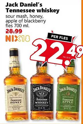 Jack Daniel’s Tennessee Whiskey sour mash, honey, apple of blackberry fles 700 ml. NIX18 PER FLES
