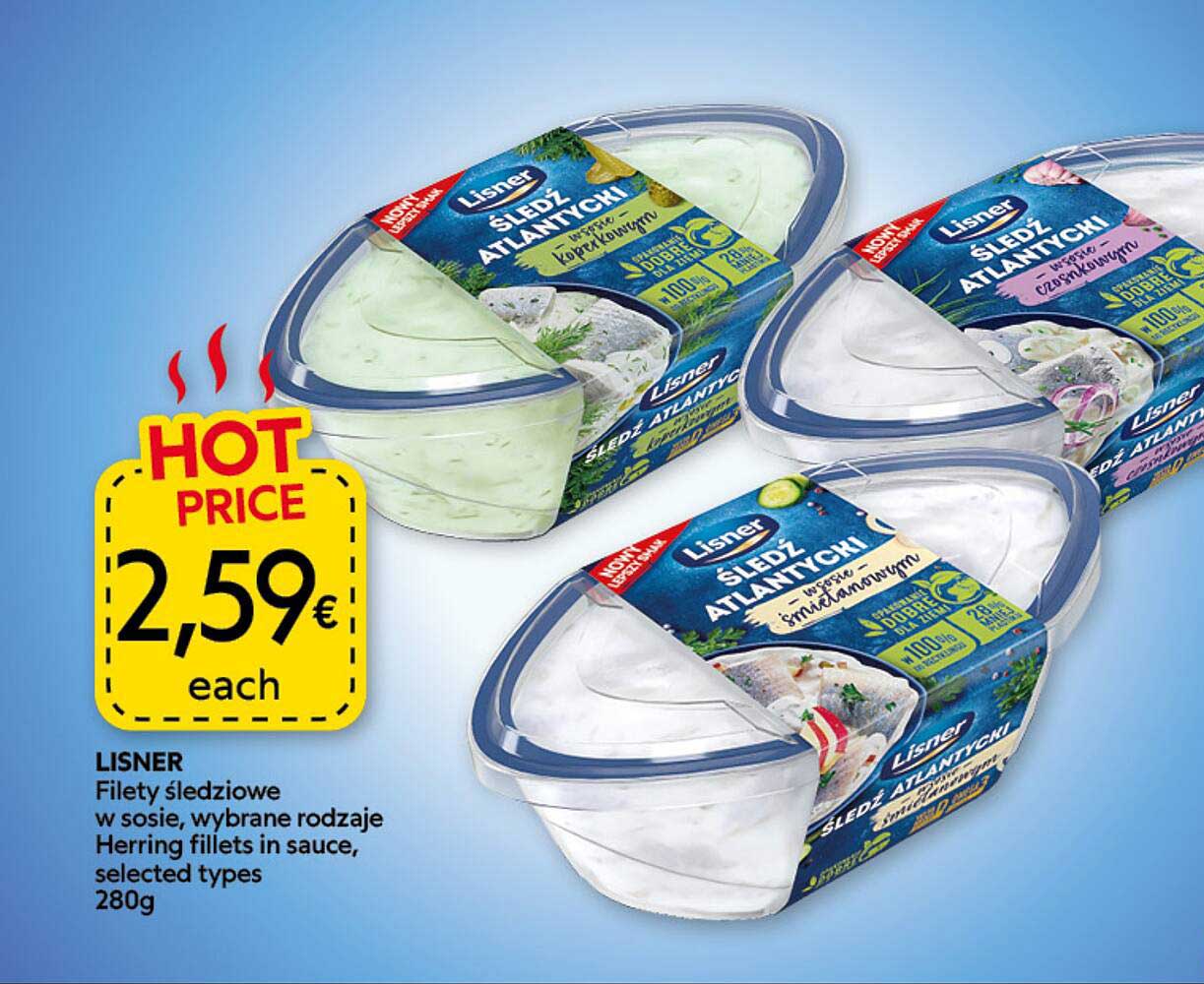 LISNER Filety śledziowe w sosie, wybrane rodzaje Herring fillets in sauce, selected types 280g