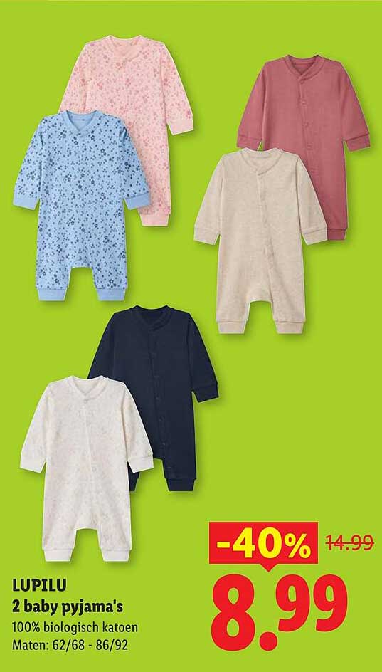 LUPILU 2 baby pyjama's 100% biologisch katoen Maten: 62/68 - 86/92 -40%