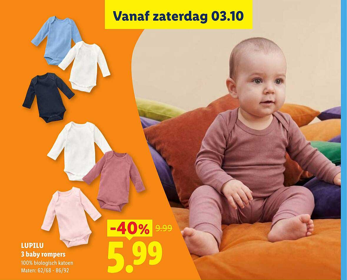 LUPILU 3 baby rompers 100% biologisch katoen Maten: 62/68 - 86/92