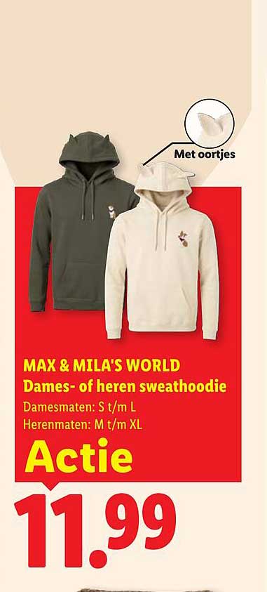 MAX & MILA'S WORLD Dames- of heren sweathoodie Met oorties Actie