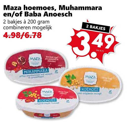 Maza hoemoes, muhammara en/of Baba Anoesch 2 bakjes a 200 gram combineren mogelijk