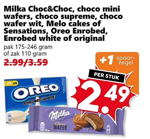 Milka Choc&Choc, choco mini wafers, choco supreme, choco wafer wit, Melo cakes of Sensations, Oreo Enrobed, Enrobed white of original +1 spaarzegel