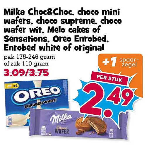Milka Choc&Choc, choco mini wafers, choco supreme, choco wafer wit, Melo cakes of Sensations, Oreo Enrobed, Enrobed white of original +1 spaarzegel per stuk