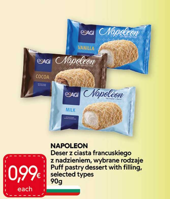 NAPOLEON Dessert z ciasta francuskiego z nadzieniem, wybrane rodzaje Puff pastry dessert with filling, selected types 90g