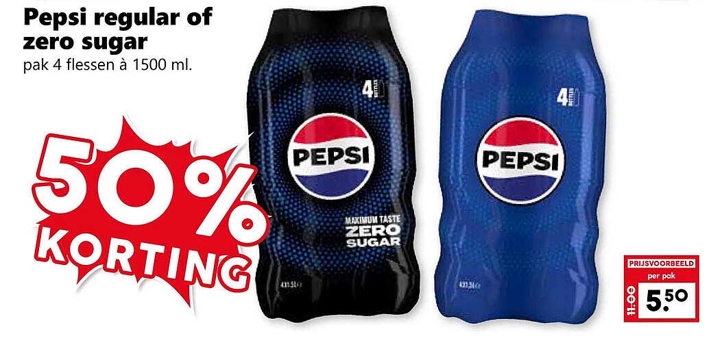 Pepsi regular of zero sugar pak 4 flessen à 1500 ml. 50% KORTING