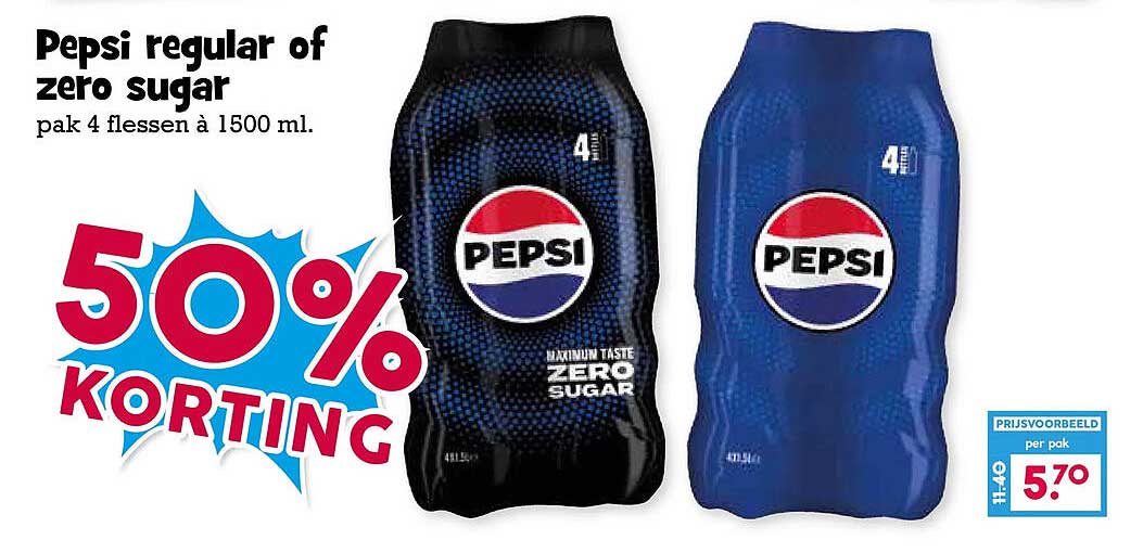 Pepsi regular of zero sugar pak 4 flessen à 1500 ml. 50% KORTING