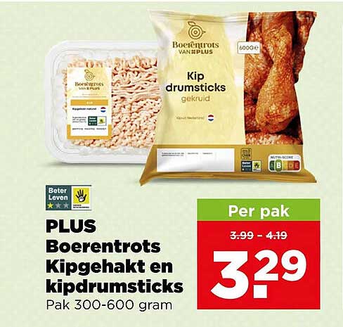 PLUS Boerentrots Kipgehakt en kippdrumsticks Pak 300-600 gram