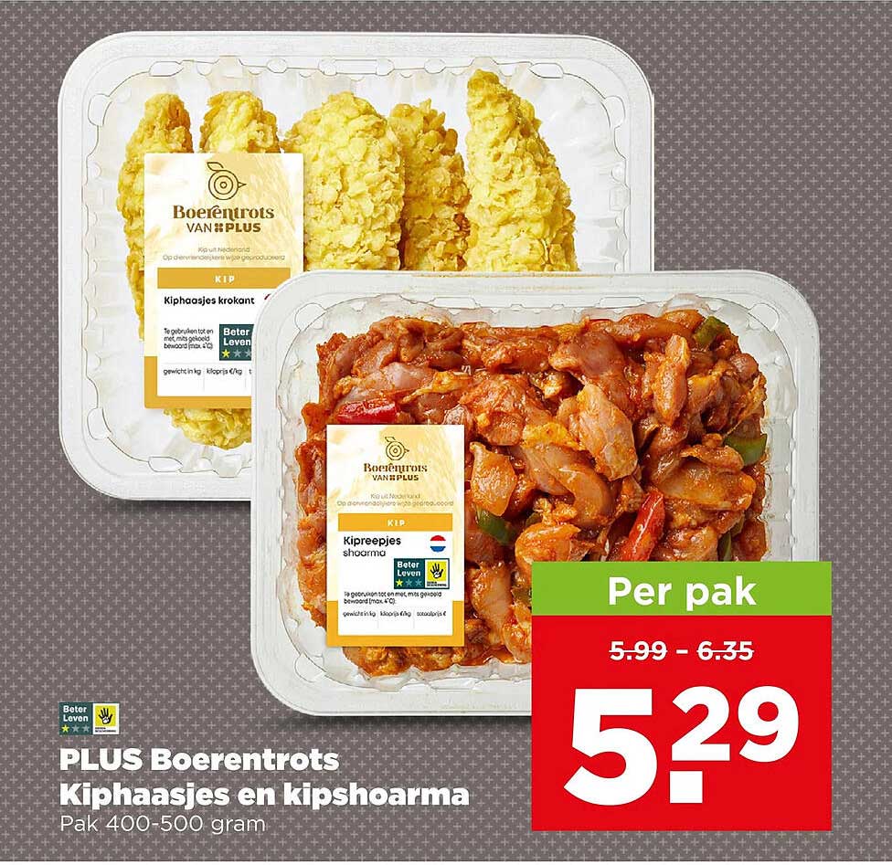 PLUS Boerentrots Kiphaasjes en kipshoarma Pak 400-500 gram