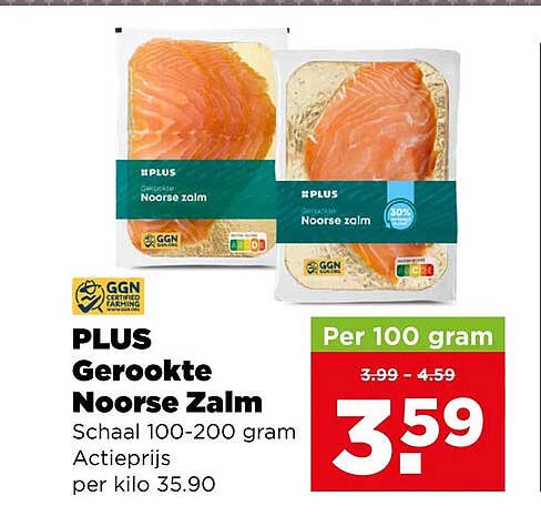 PLUS Gerookte Noorse Zalm Schaal 100-200 gram Actieprijs per kilo 35.90