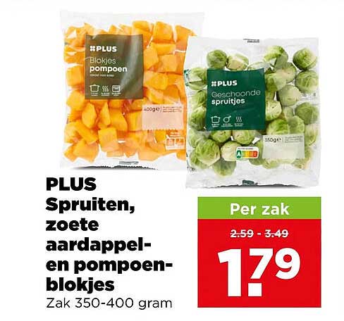 PLUS Spruiten, zoete aardappelen en pompoenblokjes Zak 350-400 gram