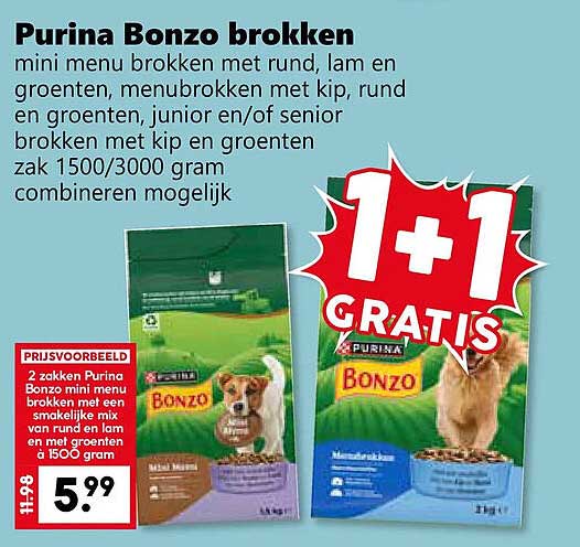 Purina Bonzo brokken 1+1 GRATIS
