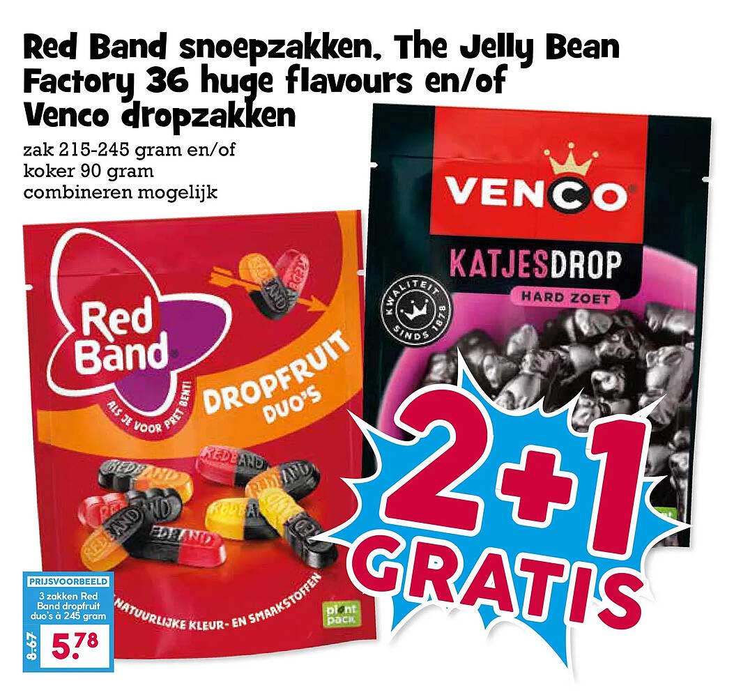 Red Band snoepzakken, The Jelly Bean Factory 36 huge flavours en/of Venco dropzakken 2+1 GRATIS