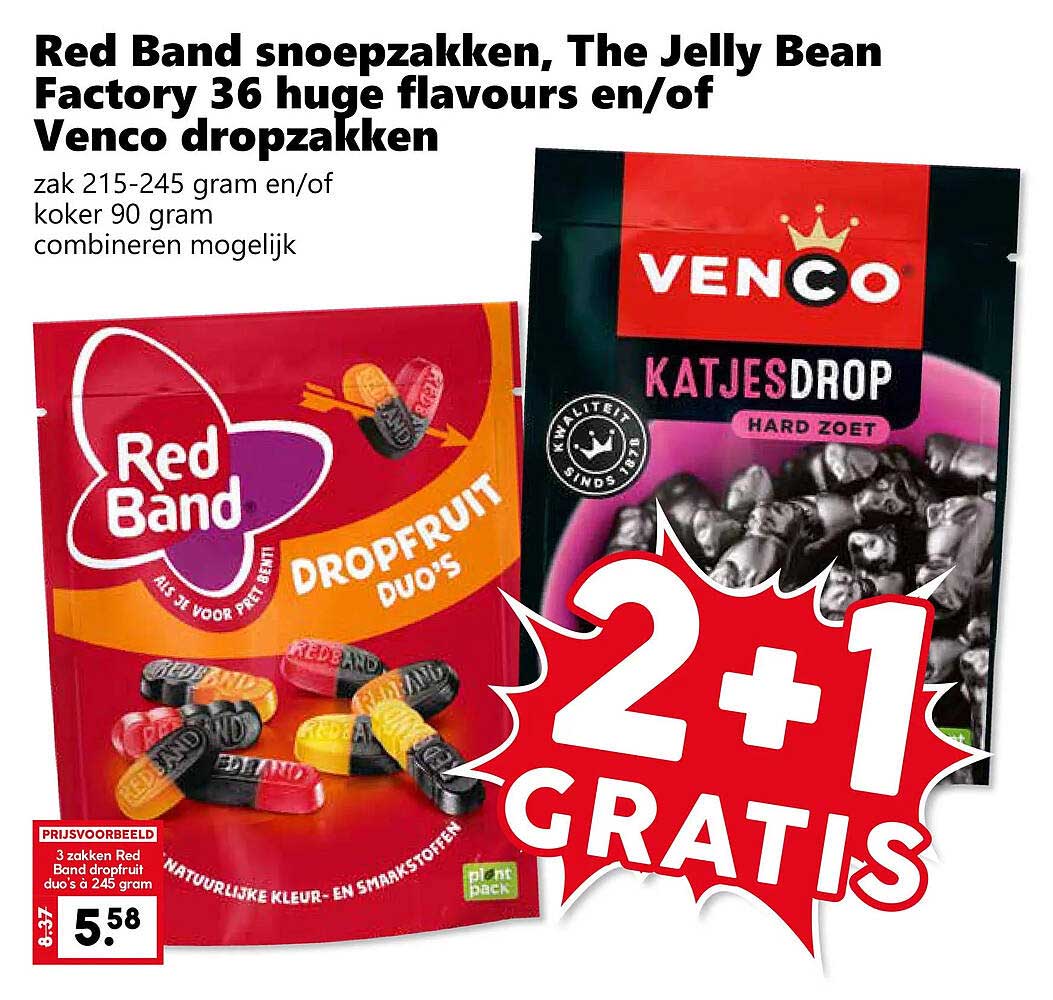 Red Band snoepzakken, The Jelly Bean Factory 36 huge flavours en/of Venco dropzakken 2+1 GRATIS