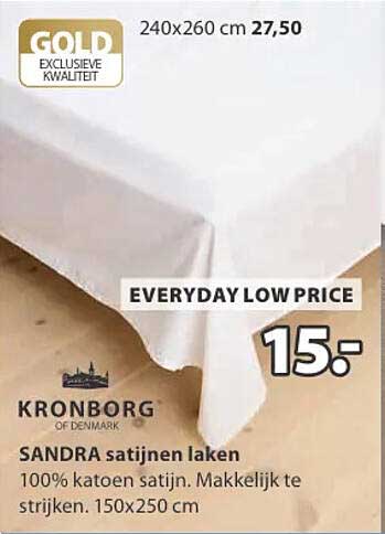 SANDRA satijnen laken 100% katoen satijn. Makkelijk te strijken. 150x250 cm
