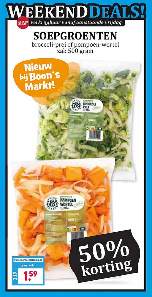 SOEPGROENTEN broccoli-prei of pompoen-wortel zak 500 gram 50% korting