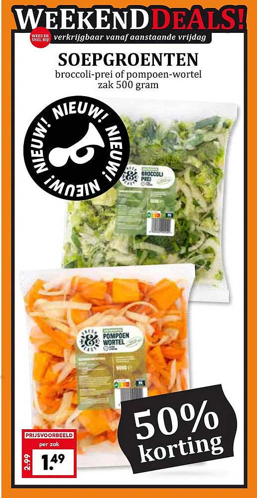SOEPGROENTEN broccoli-prei of pompoen-wortel zak 500 gram 50% korting