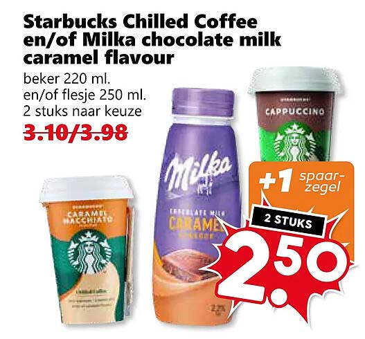 Starbucks Chilled Coffee en/of Milka chocolate milk caramel flavour 2 STUKS +1 spaar-zegel