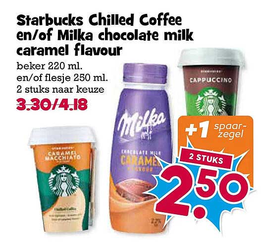Starbucks Chilled Coffee en/of Milka chocolate milk caramel flavour 2 stuks naar keuze +1 spaarzegel