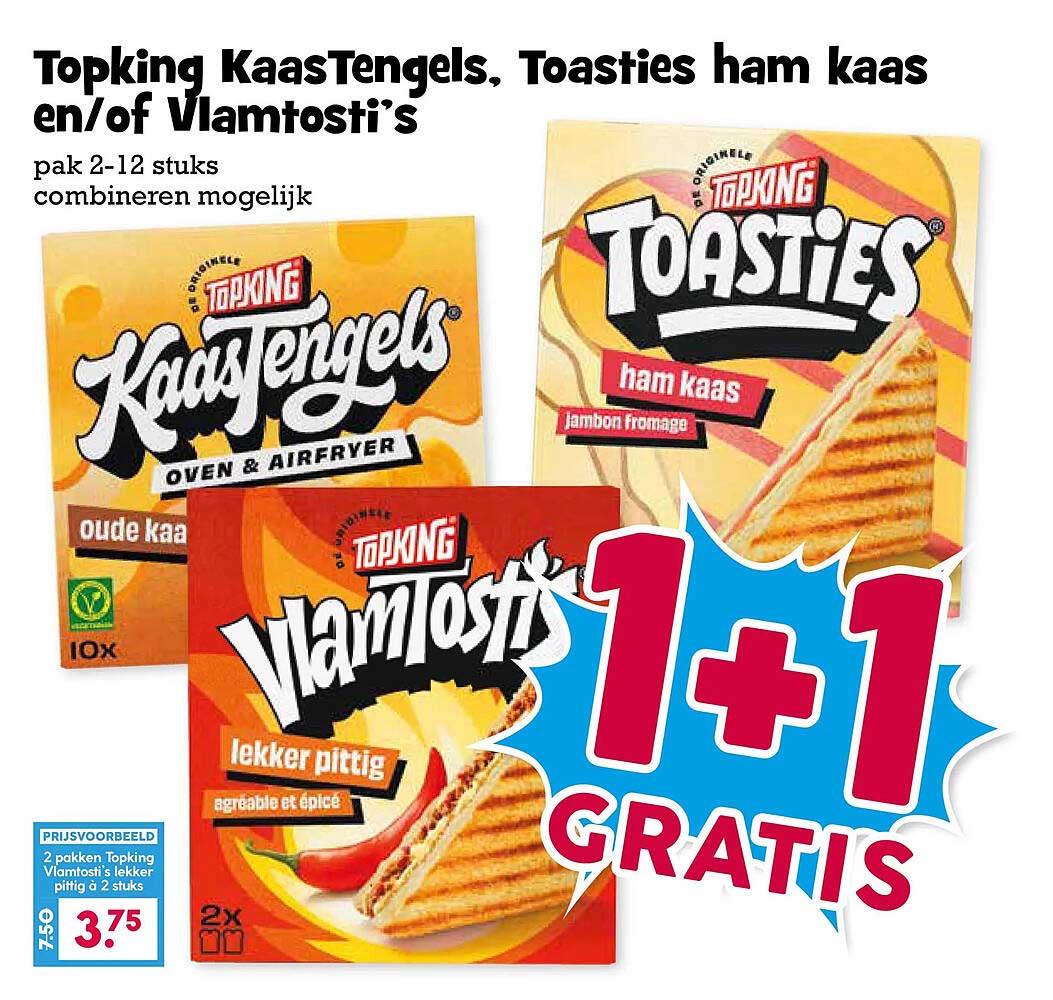 Topking Kaastengels, Toasties ham kaas en/of VlamTosti’s 1+1 gratis