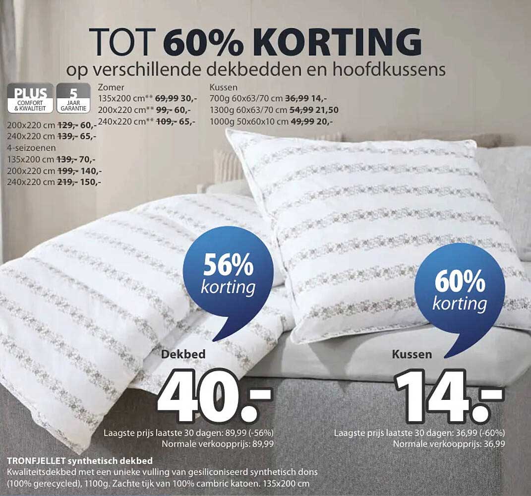 TOT 60% KORTING op verschillende dekbedden en hoofdkussens