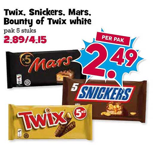 Twix, Snickers, Mars, Bounty of Twix white pak 5 stuks