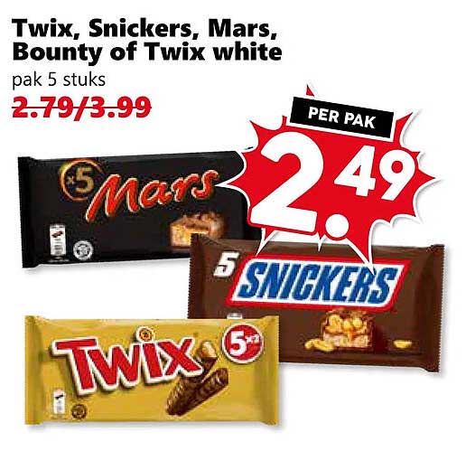Twix, Snickers, Mars, Bounty of Twix white pak 5 stuks