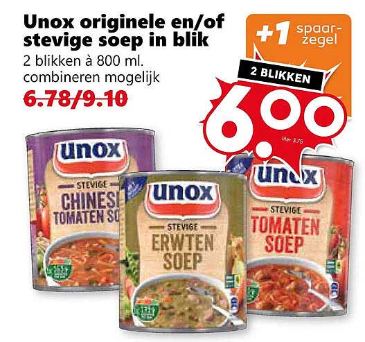 Unox originele en/of stevige soep in blik 2 blikken à 800 ml, combineren mogelijk +1 spaarzegel 2 blikken