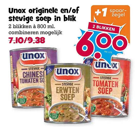 Unox originele en/of stevige soep in blik 2 blikken à 800 ml. combineren mogelijk +1 spaarzegel 2 blikken 600