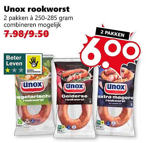 Unox rookworst 2 pakken à 250-285 gram combineren mogelijk 2 PAKKEN