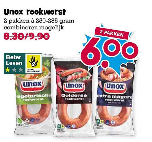 Unox rookworst 2 pakken à 250-285 gram combineren mogelijk 2 PAKKEN