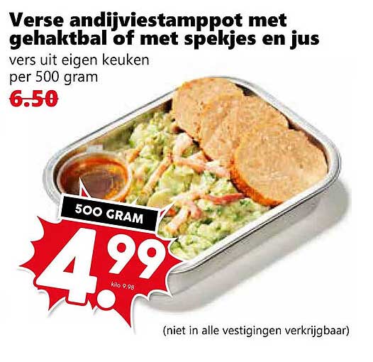 Verse andijviestamppot met gehaktbal of met spekjes en jus