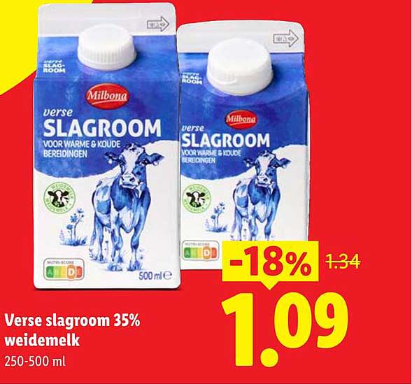 Verse slagroom 35% weidemelk 250-500 ml -18%