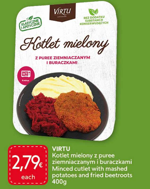 VIRTU Kotlet mielony z puree ziemniaczanym i buraczkami Minced cutlet with mashed potatoes and fried beetroots 400g