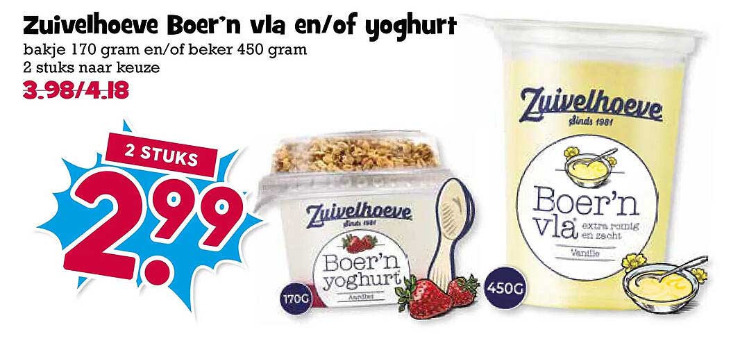 Zuivelhoeve Boer'n vla en/of yoghurt 2 stuks naar keuze
