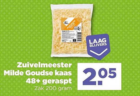 Zuivelmeester Milde Goudse kaas 48+ geraspt Zak 200 gram LAAG BLOUVERS