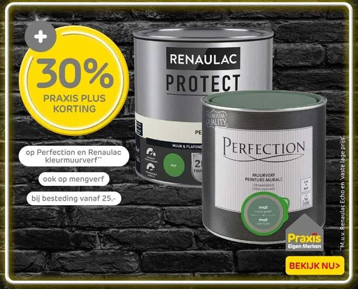 30% PRAKTIJS PLUS KORTING op Perfection en Renau lac kleurmuurverf