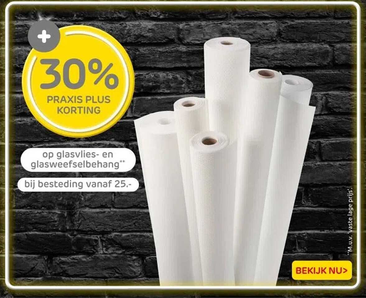 30% PRAXIS PLUS KORTING op glasvlies- en glasweefselbehang bij besteding vanaf 25.-