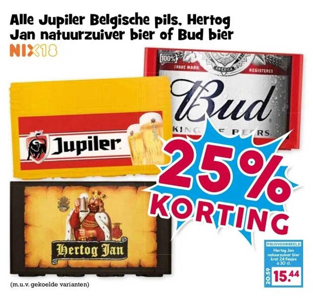 Alle Jupiler Belgische pils, Hertog Jan natuurzuiver bier of Bud bier 25% KORTING