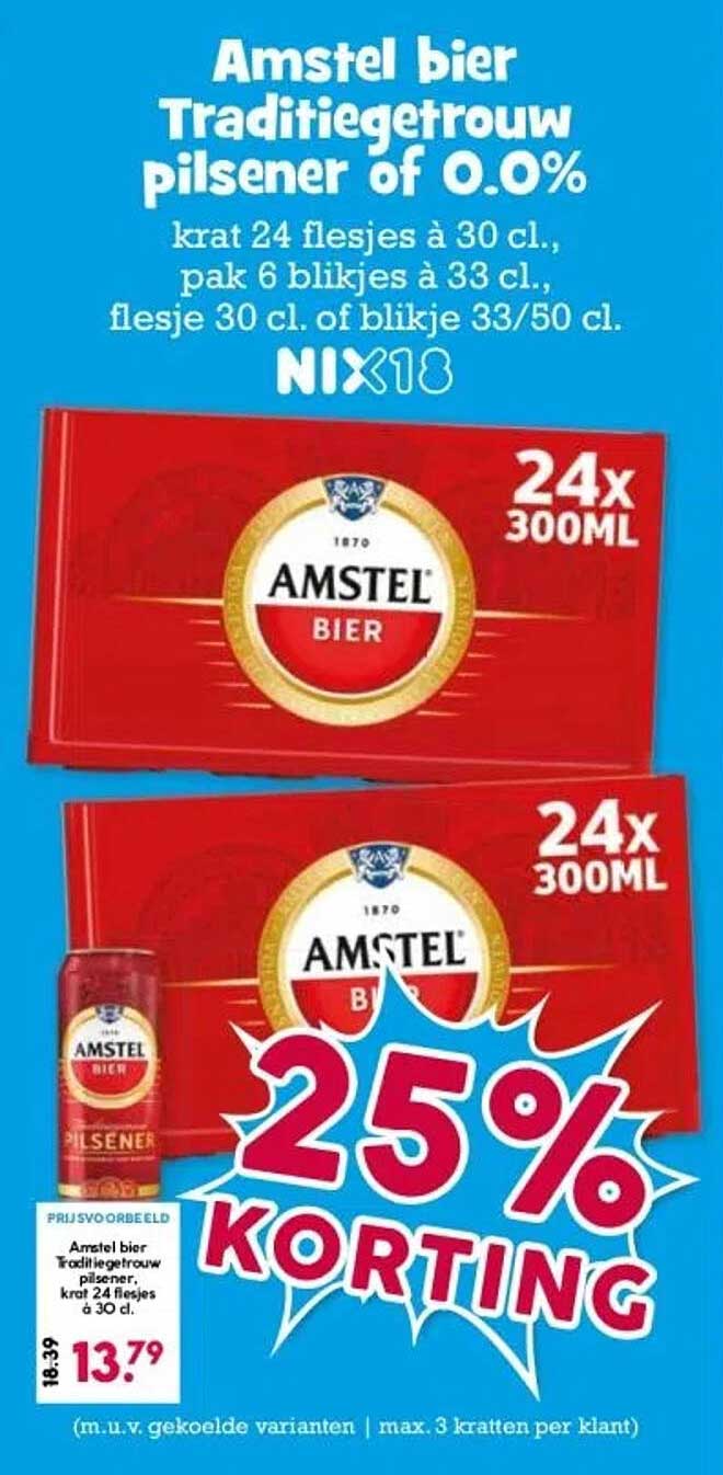 Amstel bier Traditiegetrouw pilsener of O.0% - krat 24 flesjes à 30 cl.