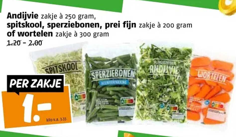 Andijvie zakje à 250 gram, spitskool, sperziebonen, prei fijn zakje à 200 gram of wortelen zakje à 300 gram