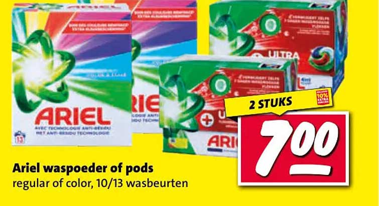 Ariel waspoeder of pods regular of color, 10/13 wasbeurten