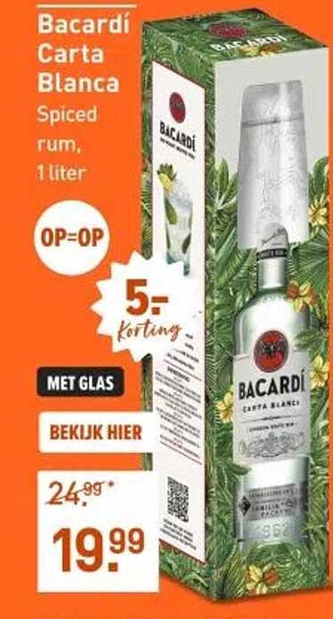 Bacardí Carta Blanca Spiced Rum, 1 liter met glas