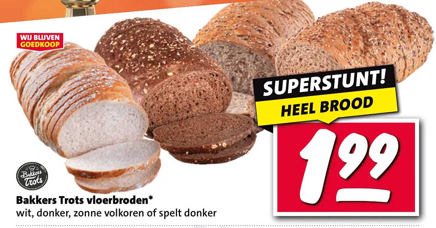 Bakkers Trots vloerbroden* wit, donker, zonne volkoren of spelt donker