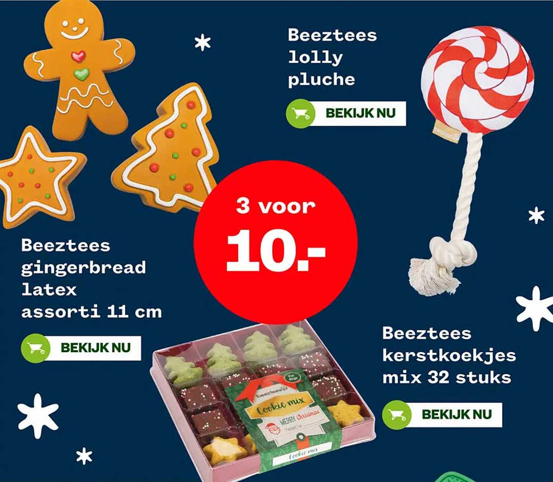 Beeztees gingerbread latex assorti 11 cm, Beeztees kerstsnoepjes mix 32 stuks, Beeztees lolly pluche.