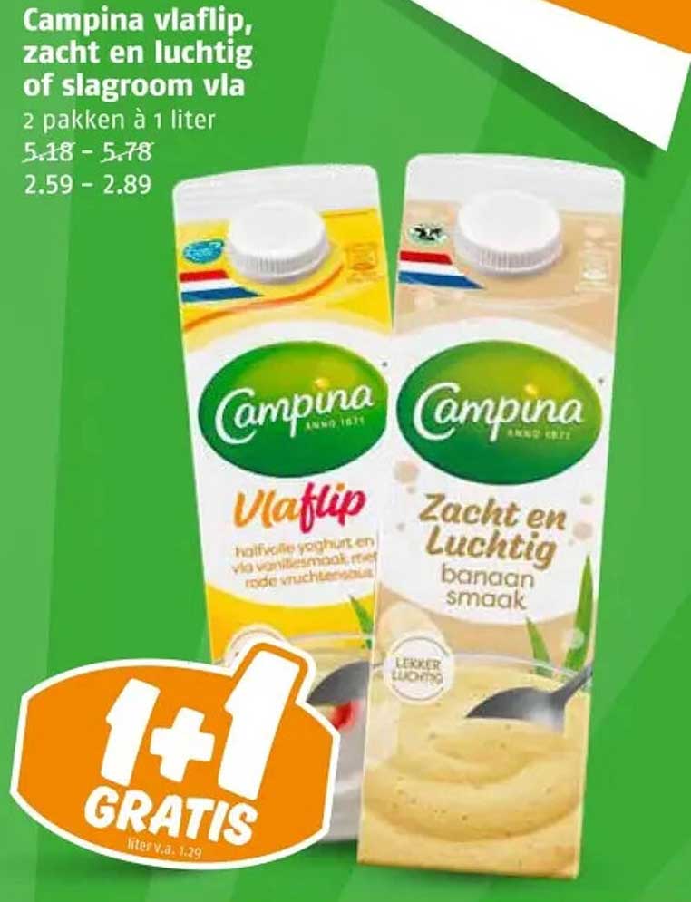 Campina vlaflip, zacht en luchtig of slagroom vla 2 pakken à 1 liter