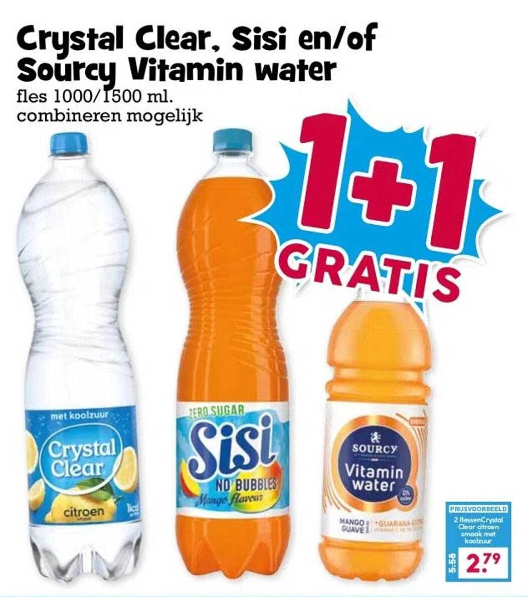 Crystal Clear, Sisi en/of Sourcy Vitamin water fles 1000/1500 ml. combineren mogelijk